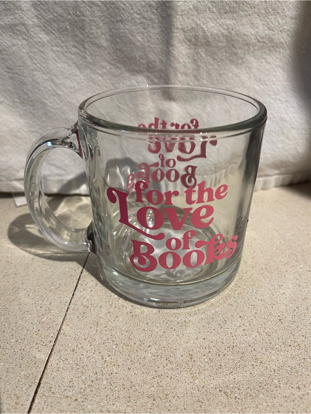 Clear Glass 'For the Love of Books' Mug with Pink Lettering